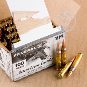 A photograph of 500 rounds of 55 grain 5.56x45mm ammo with a FMJ bullet for sale.