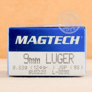 A photograph detailing the 9mm Luger ammo with Jacketed Soft-Point (JSP) bullets made by Magtech.