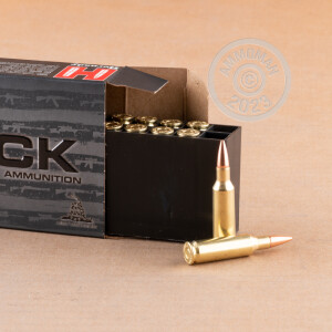 A photograph detailing the .224 Valkyrie ammo with Hollow-Point Boat Tail (HP-BT) bullets made by Hornady.