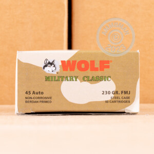 Photo detailing the 45 ACP WOLF MILITARY CLASSIC 230 GRAIN FMJ (50 ROUNDS) for sale at AmmoMan.com.