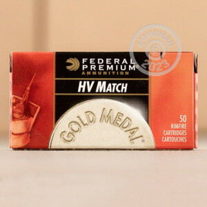 Image of the 22 LR FEDERAL GOLD MEDAL HIGH VELOCITY MATCH 40 GRAIN LEAD ROUND NOSE (50 ROUNDS) available at AmmoMan.com.