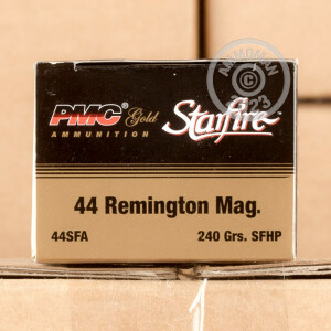 Photo detailing the 44 MAGNUM PMC STARFIRE 240 GRAIN JHP (20 ROUNDS) for sale at AmmoMan.com.
