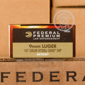 Photo detailing the 9MM LUGER FEDERAL LAW ENFORCEMENT 147 GRAIN HYDRA-SHOK JHP (50 ROUNDS) for sale at AmmoMan.com.