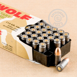 Image of the 9MM LUGER WOLF WPA 115 GRAIN FMJ (500 ROUNDS) available at AmmoMan.com.