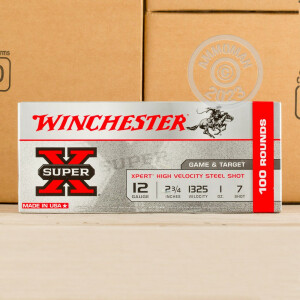 Photo detailing the 12 GAUGE WINCHESTER SUPER-X XPERT 2-3/4“ 1 OZ. #7 STEEL SHOT (100 ROUNDS) for sale at AmmoMan.com.