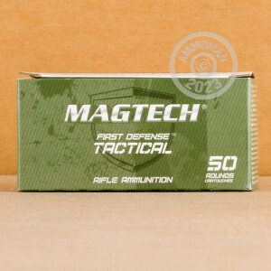 A photograph detailing the 5.56x45mm ammo with FMJ bullets made by Magtech.