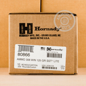 Photo detailing the 308 WINCHESTER HORNADY CUSTOM LITE 125 GRAIN SST REDUCED RECOIL (200 ROUNDS) for sale at AmmoMan.com.