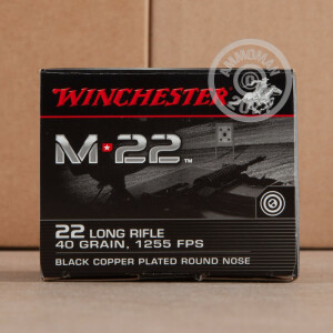 Photo detailing the 22 LR WINCHESTER M22 40 GRAIN BLACK CPRN (500 ROUNDS) for sale at AmmoMan.com.