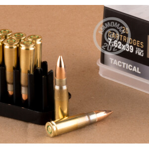 A photograph of 20 rounds of 123 grain 7.62 x 39 ammo with a FMJ bullet for sale.