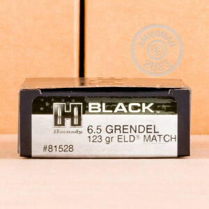 Photo detailing the 6.5MM GRENDEL HORNADY BLACK 123 GRAIN ELD MATCH (20 ROUNDS) for sale at AmmoMan.com.