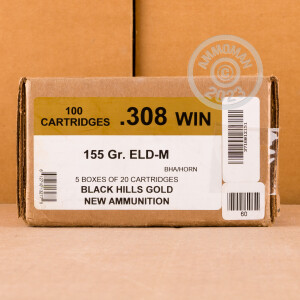 Photo detailing the 308 WIN BLACK HILLS GOLD 155 GRAIN ELD MATCH (20 ROUNDS) for sale at AmmoMan.com.