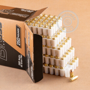 Image detailing the brass case and boxer primers on the Blazer Brass ammunition.