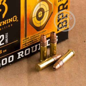 A box of Browning ammo in .22 Long Rifle that's often used for hunting varmint sized game, training at the range.