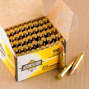 Image of bulk 223 Remington ammo by Armscor that's ideal for training at the range.