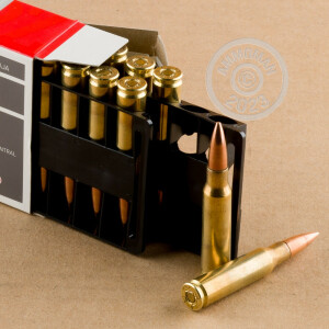 A photograph detailing the 308 / 7.62x51 ammo with FMJ bullets made by Aguila.
