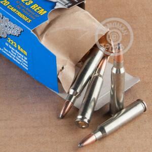 A photograph detailing the 223 Remington ammo with Soft-Point Boat Tail (SP-BT) bullets made by Silver Bear.