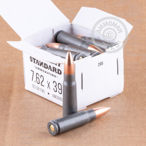 A photograph of 20 rounds of 122 grain 7.62 x 39 ammo with a FMJ bullet for sale.