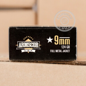 A photograph detailing the 9mm Luger ammo with FMJ bullets made by Armscor.