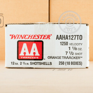 Photo detailing the 12 GAUGE WINCHESTER AA ORANGE TRAACKER 2 3/4“ 1 1/8 OZ. #7.5 SHOT (25 ROUNDS) for sale at AmmoMan.com.