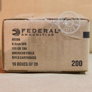 Photograph showing detail of 6.8MM SPC FEDERAL AMERICAN EAGLE 115 GRAIN GRAIN FMJ (20 ROUNDS)