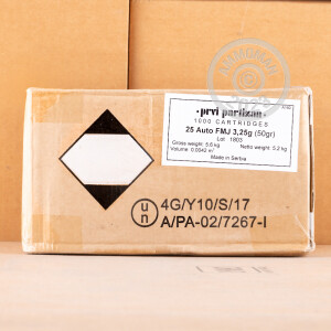 Photo of .25 ACP FMJ ammo by Prvi Partizan for sale at AmmoMan.com.
