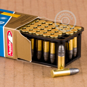 Photograph of .22 Long Rifle ammo with Lead Round Nose (LRN) ideal for precision shooting, training at the range.