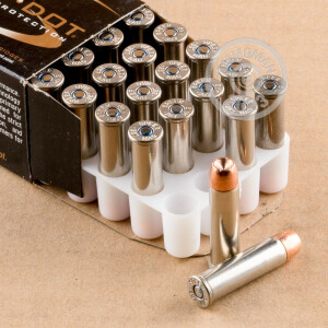 Image detailing the nickel-plated brass case and boxer primers on the Speer ammunition.