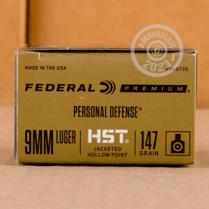 Photo detailing the 9MM FEDERAL PERSONAL DEFENSE 147 GRAIN HST JHP (200 ROUNDS) for sale at AmmoMan.com.