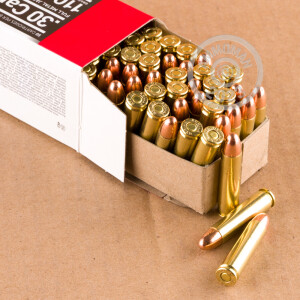 Image of .30 Carbine ammo by Aguila that's ideal for hunting varmint sized game, shooting indoors, training at the range.