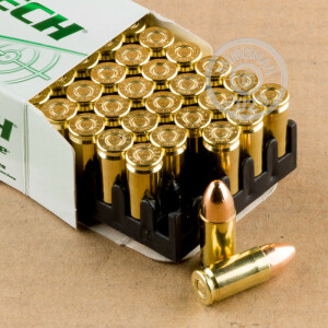 A photograph detailing the 9mm Luger ammo with TMJ bullets made by Magtech.