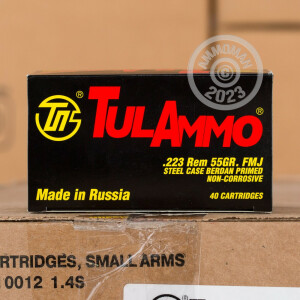 Image of Tula Cartridge Works 223 Remington rifle ammunition.