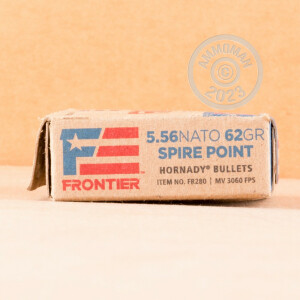 A photograph detailing the 5.56x45mm ammo with soft point bullets made by Hornady.