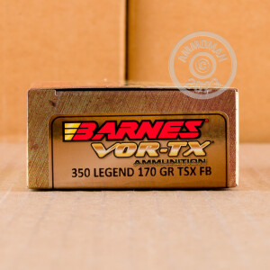 A photo of a box of Barnes ammo in 350 Legend.