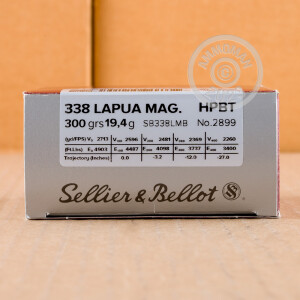 A photograph detailing the 338 Lapua Magnum ammo with Hollow-Point Boat Tail (HP-BT) bullets made by Sellier & Bellot.