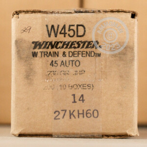 Photo detailing the 45 ACP WINCHESTER TRAIN & DEFEND 230 GRAIN JHP (20 ROUNDS) for sale at AmmoMan.com.
