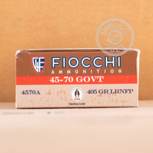 A photograph detailing the 45-70 Government ammo with Lead Round Nose (LRN) bullets made by Fiocchi.