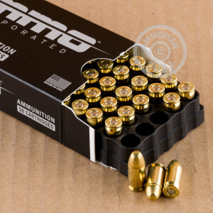 A photograph detailing the .380 Auto ammo with TMJ bullets made by Ammo Incorporated.