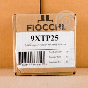 Photo detailing the 9MM LUGER FIOCCHI 115 GRAIN XTP JHP (25 ROUNDS) for sale at AmmoMan.com.