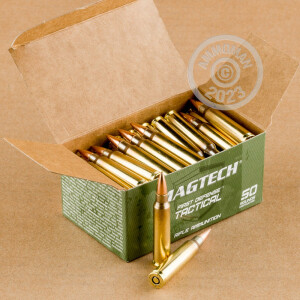 Image of 5.56x45mm ammo by Magtech that's ideal for hunting varmint sized game, training at the range.