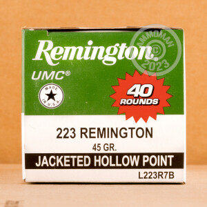 A photograph of 40 rounds of 45 grain 223 Remington ammo with a JHP bullet for sale.