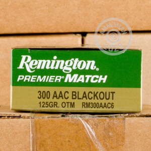 A photograph detailing the 300 AAC Blackout ammo with Open Tip Match bullets made by Remington.