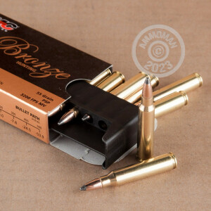 Image of 223 Remington ammo by PMC that's ideal for hunting varmint sized game, hunting wild pigs, whitetail hunting.