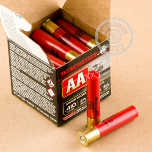 Photo detailing the 410 BORE WINCHESTER AA SPORTING CLAYS 2-1/2" 1/2 OZ #8.5 SHOT (25 ROUNDS) for sale at AmmoMan.com.