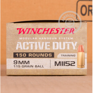 Photograph showing detail of 9MM WINCHESTER ACTIVE DUTY 115 GRAIN FMJ M1152 (150 ROUNDS)