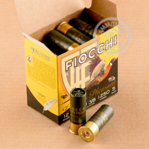 Photo detailing the 12 GAUGE FIOCCHI GOLDEN PHEASANT 2-3/4" 1-3/8 OZ. #5 NICKEL PLATED LEAD SHOT (250 ROUNDS) for sale at AmmoMan.com.