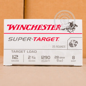 Photo detailing the 12 GAUGE WINCHESTER SUPER TARGET 2-3/4" 1 OZ. #8 SHOT (250 ROUNDS) for sale at AmmoMan.com.