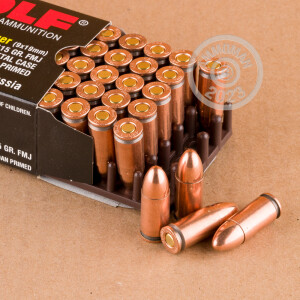 Photo detailing the 9MM WOLF 115 GRAIN FMJ (1350 ROUNDS) **STEEL CASES** for sale at AmmoMan.com.