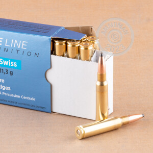 A photograph of 20 rounds of 174 grain 7.5 X 55 ammo with a soft point bullet for sale.