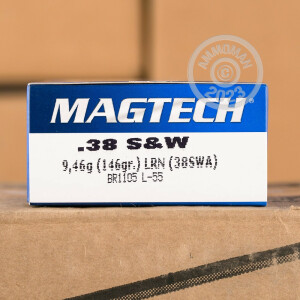 Photo detailing the 38 S&W MAGTECH 146 GRAIN LRN (50 ROUNDS) for sale at AmmoMan.com.