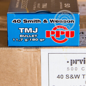 A photograph of 500 rounds of 180 grain .40 Smith & Wesson ammo with a TMJ bullet for sale.